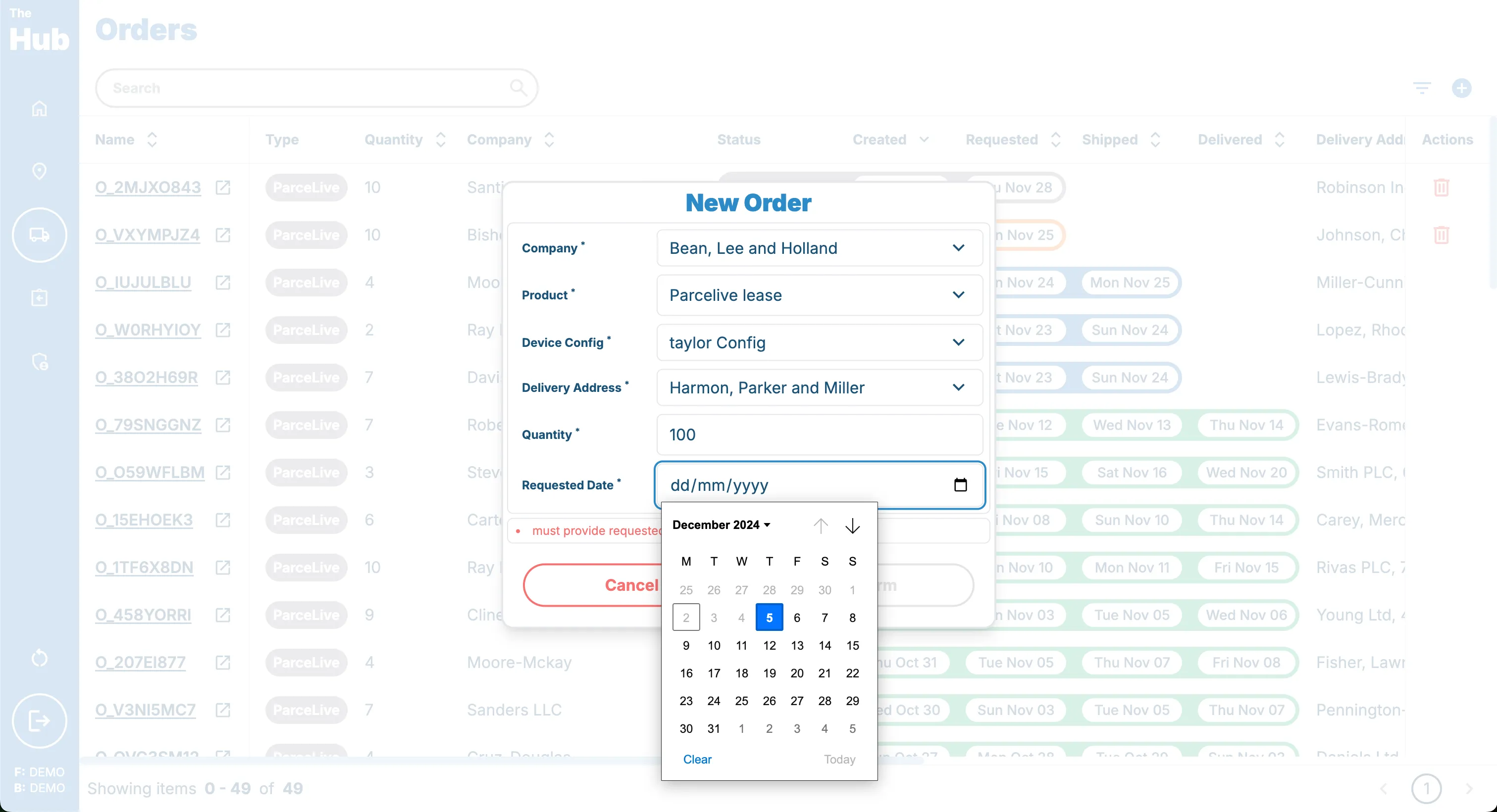 Select requested delivery date